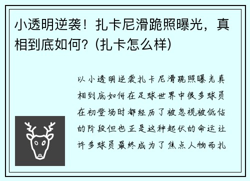 小透明逆袭！扎卡尼滑跪照曝光，真相到底如何？(扎卡怎么样)