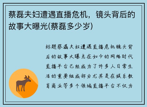 蔡磊夫妇遭遇直播危机，镜头背后的故事大曝光(蔡磊多少岁)